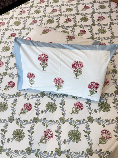 Whispering Blooms HandBlock Queen Size Bedsheet Set with 2 Pillow Covers (90”*108”)