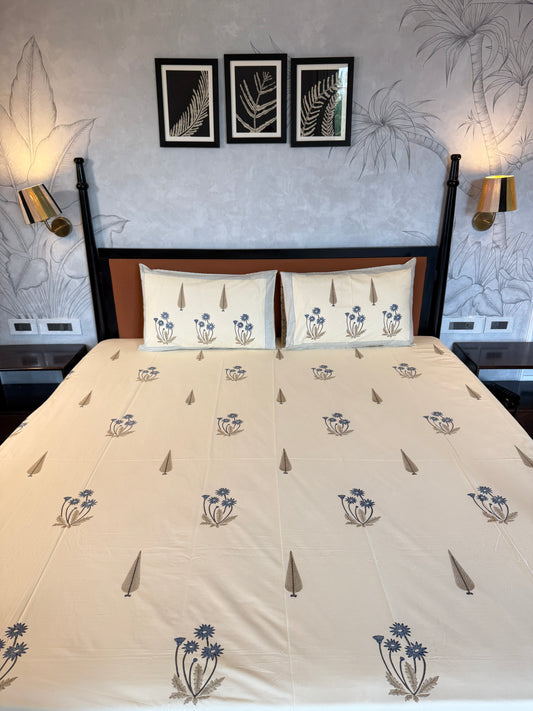 Blue Meadow HandBlock King Size Bedsheet with 2 Pillow Covers (108”*108”)