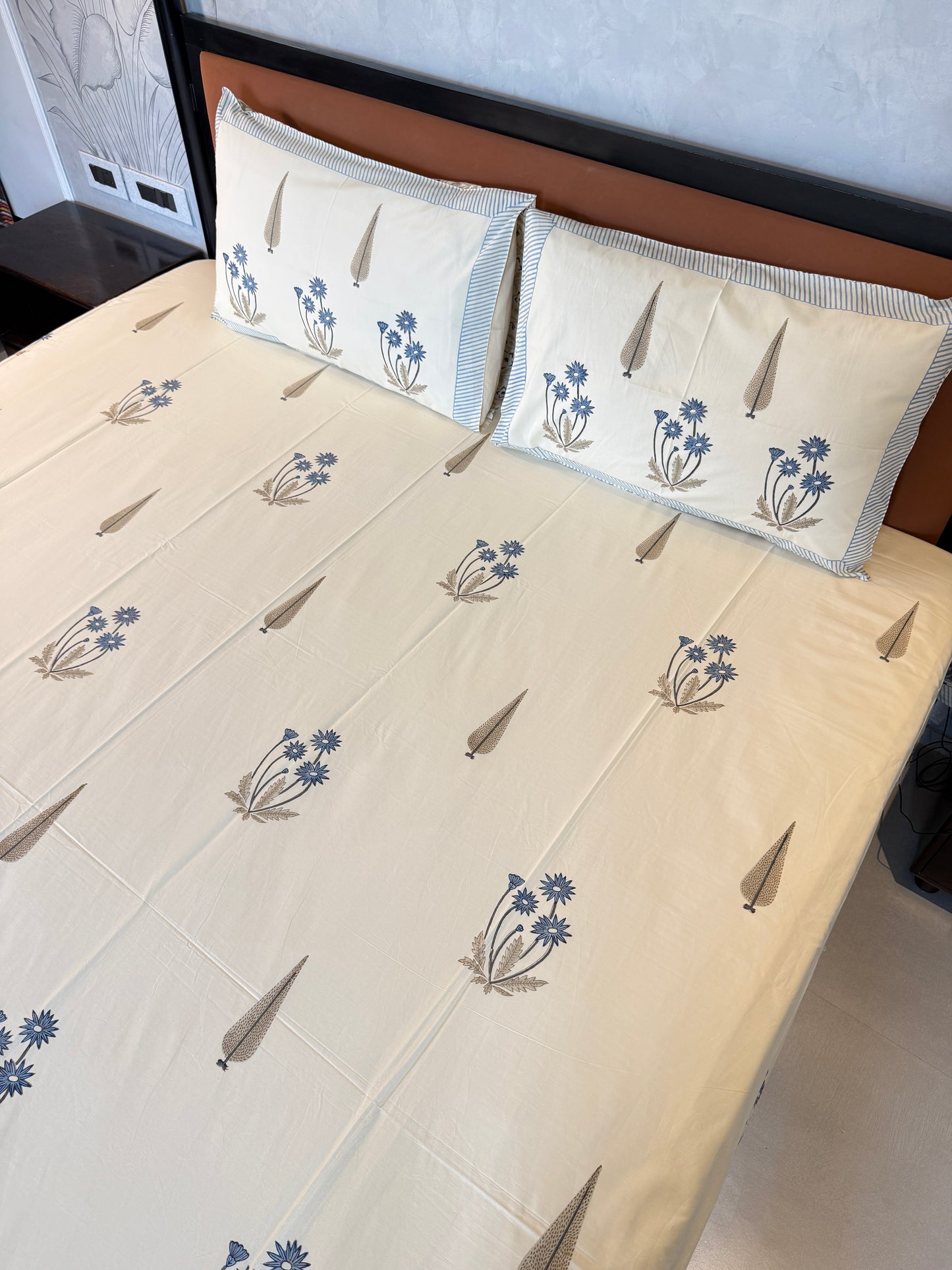 Blue Meadow HandBlock King Size Bedsheet with 2 Pillow Covers (108”*108”)