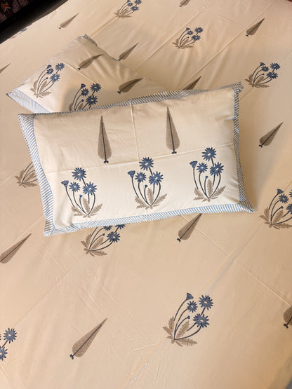 Blue Meadow HandBlock Queen Size Bedsheet Set with 2 Pillow Covers (90”*108”)