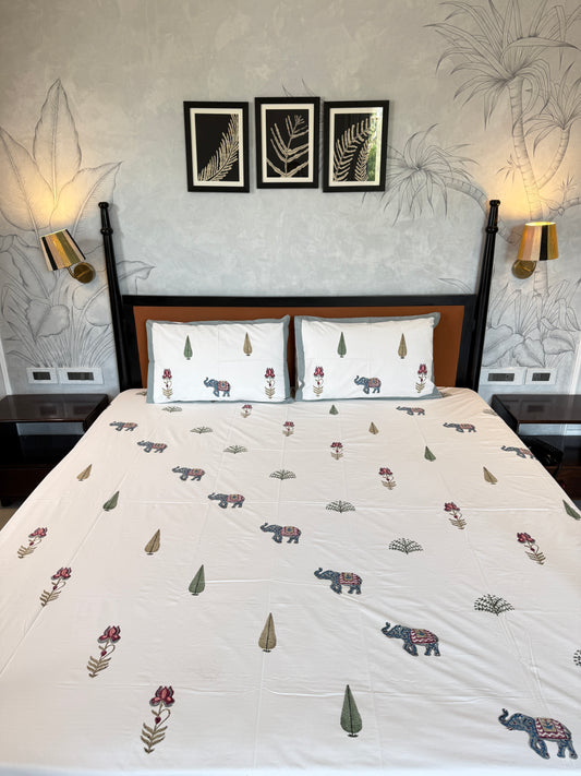 Elephant Garden HandBlock King Size Bedsheet with 2 Pillow Covers (108”*108”)