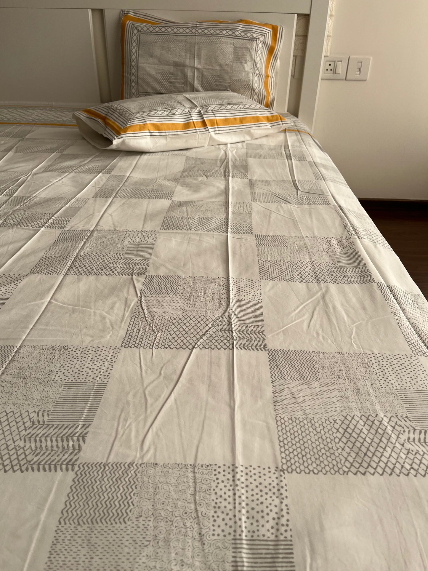 Geometric Patch HandBlock King Size Bedsheet with 2 Pillow Covers (108”*108”)