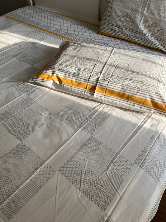 Geometric Patch HandBlock King Size Bedsheet with 2 Pillow Covers (108”*108”)