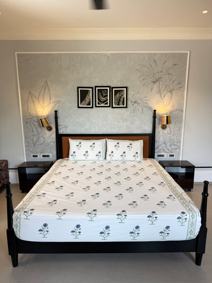Blue Wildflower HandBlock Queen Size Bedsheet Set with 2 Pillow Covers (90”*108”)