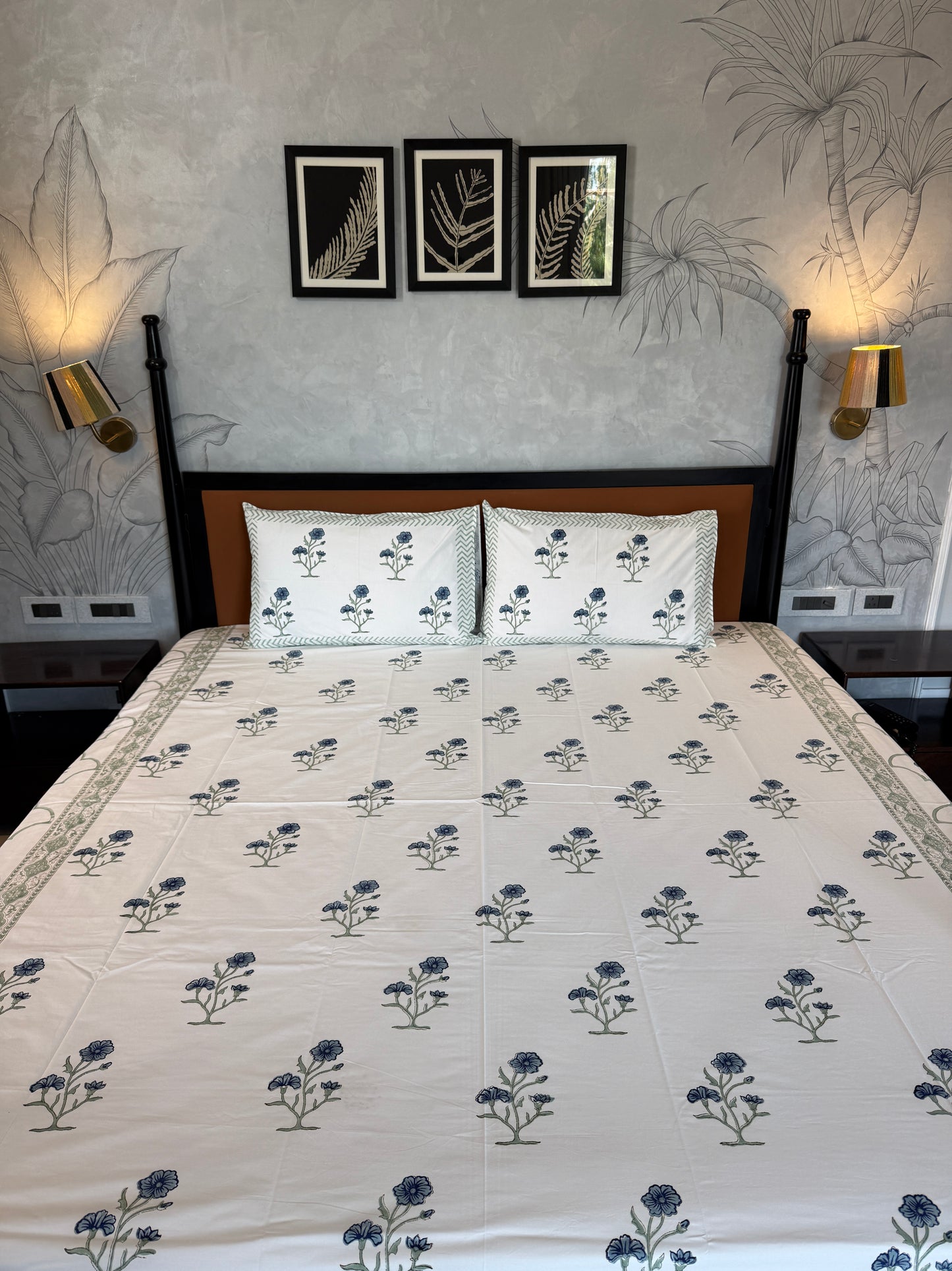 Blue Wildflower HandBlock Queen Size Bedsheet Set with 2 Pillow Covers (90”*108”)
