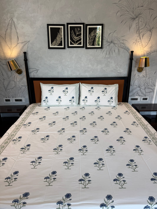 Blue Wildflower HandBlock Queen Size Bedsheet Set with 2 Pillow Covers (90”*108”)