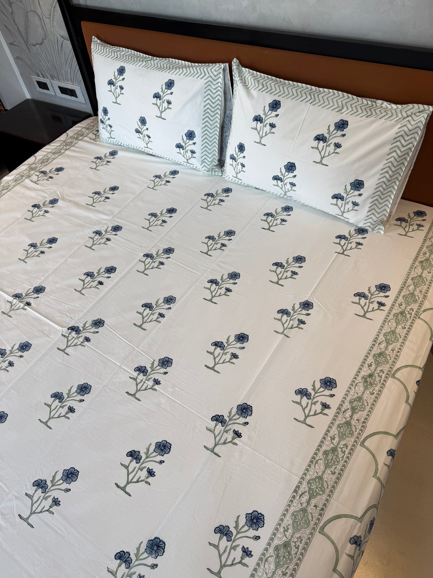Blue Wildflower HandBlock Queen Size Bedsheet Set with 2 Pillow Covers (90”*108”)