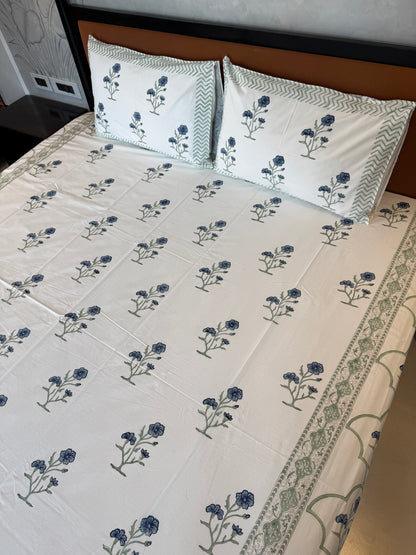 Blue Wildflower HandBlock Queen Size Bedsheet Set with 2 Pillow Covers (90”*108”)