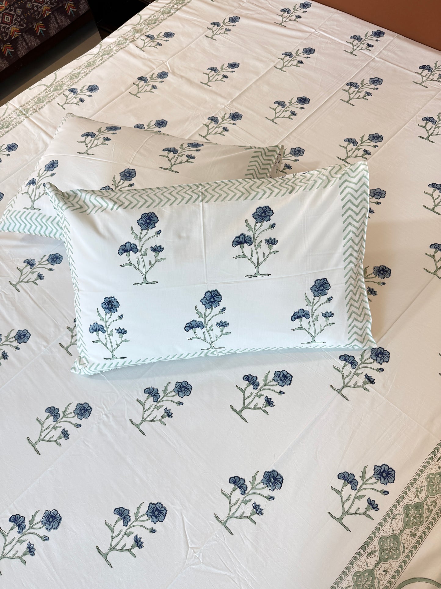 Blue Wildflower HandBlock Queen Size Bedsheet Set with 2 Pillow Covers (90”*108”)