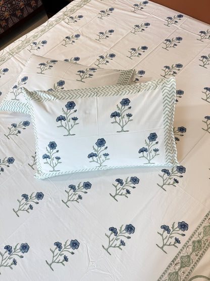 Blue Wildflower HandBlock Queen Size Bedsheet Set with 2 Pillow Covers (90”*108”)