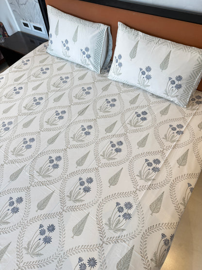 Blue Fleur HandBlock King Size Bedsheet with 2 Pillow Covers (108”*108”)