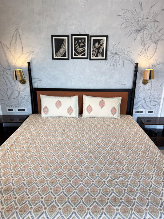 Heritage Medley HandBlock King Size Bedsheet with 2 Pillow Covers (108”*108”)