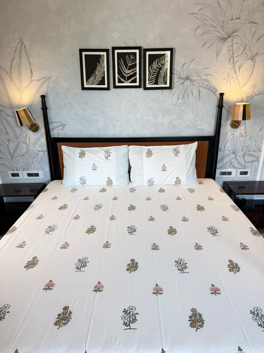 Botanical Bloom HandBlock King Size Bedsheet with 2 Pillow Covers (108”*108”)