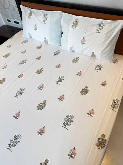 Botanical Bloom HandBlock King Size Bedsheet with 2 Pillow Covers (108”*108”)