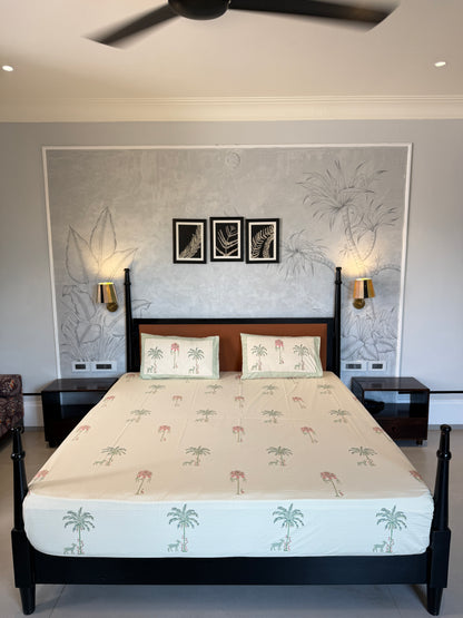 Palm Serenade HandBlock King Size Bedsheet with 2 Pillow Covers (108”*108”)
