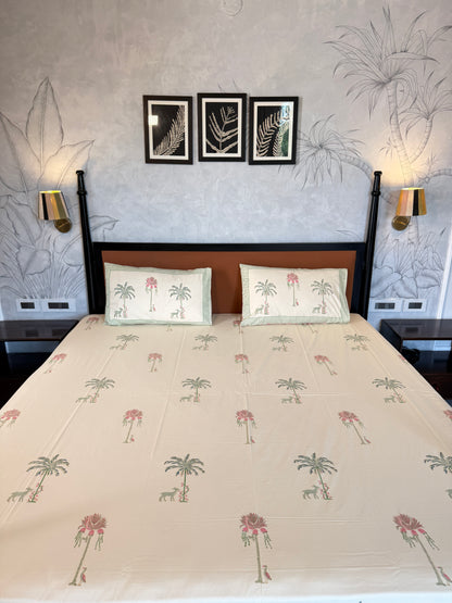 Palm Serenade HandBlock King Size Bedsheet with 2 Pillow Covers (108”*108”)