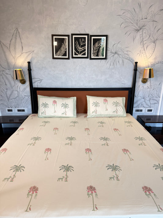 Palm Serenade HandBlock King Size Bedsheet with 2 Pillow Covers (108”*108”)