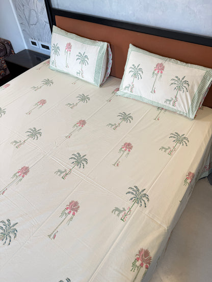 Palm Serenade HandBlock King Size Bedsheet with 2 Pillow Covers (108”*108”)