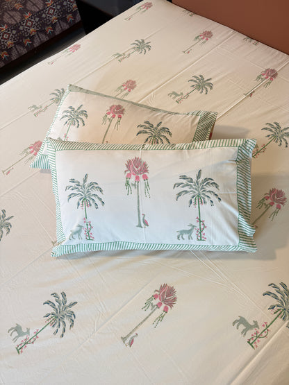 Palm Serenade HandBlock King Size Bedsheet with 2 Pillow Covers (108”*108”)