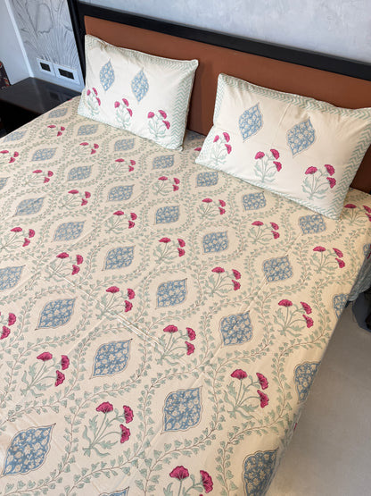 Blue Fern Harmony HandBlock King Size Bedsheet Set with 2 Pillow Covers (108”*108”)