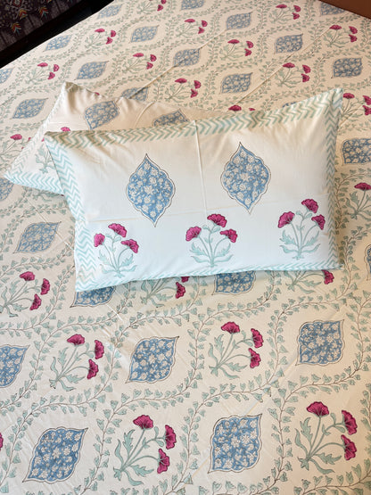 Blue Fern Harmony HandBlock King Size Bedsheet Set with 2 Pillow Covers (108”*108”)