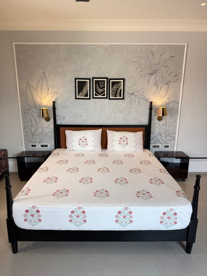 Rose Rhythm HandBlock King Size Bedsheet with 2 Pillow Covers (108”*108”)