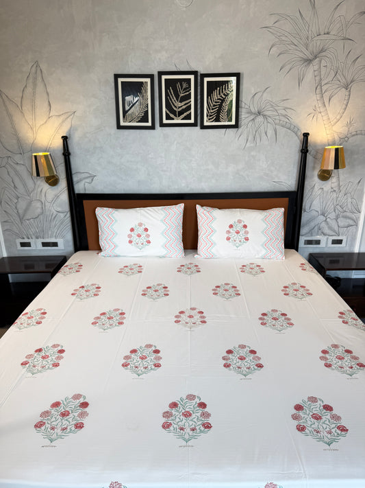 Rose Rhythm HandBlock King Size Bedsheet with 2 Pillow Covers (108”*108”)