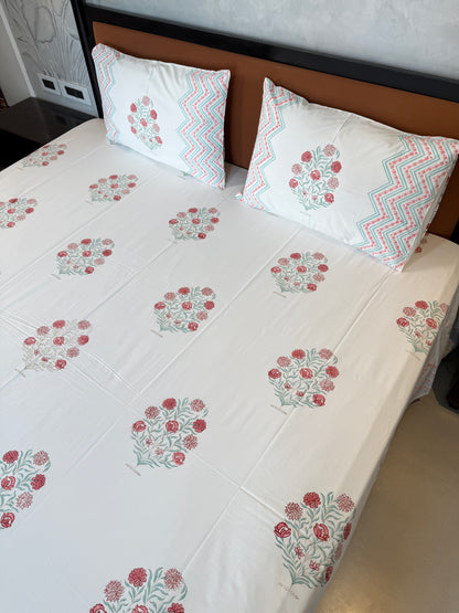 Rose Rhythm HandBlock King Size Bedsheet with 2 Pillow Covers (108”*108”)