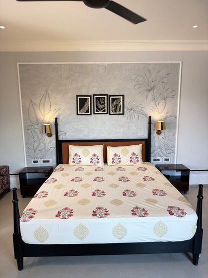 Crimson Blossom HandBlock King Size Bedsheet with 2 Pillow Covers (108”*108”)