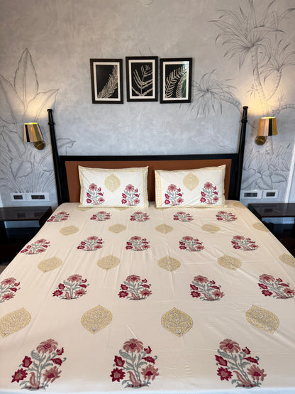 Crimson Blossom HandBlock King Size Bedsheet with 2 Pillow Covers (108”*108”)
