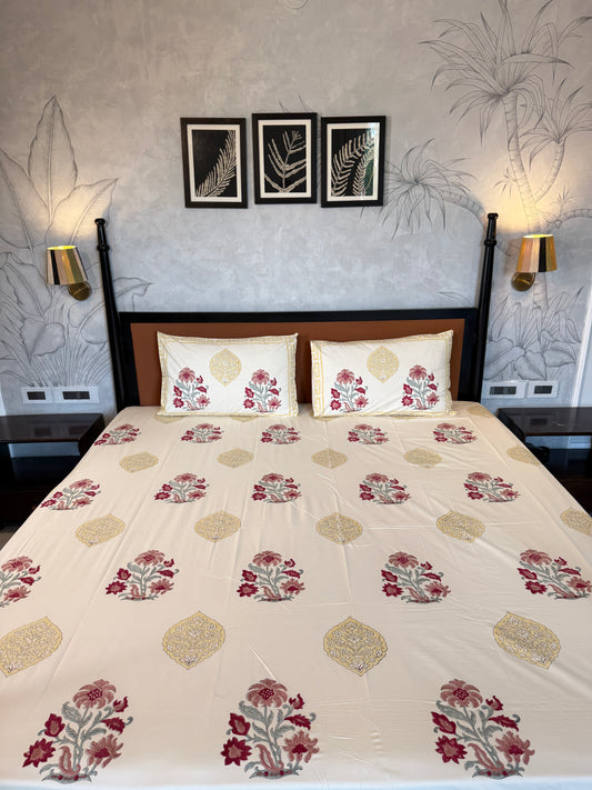 Crimson Blossom HandBlock King Size Bedsheet with 2 Pillow Covers (108”*108”)