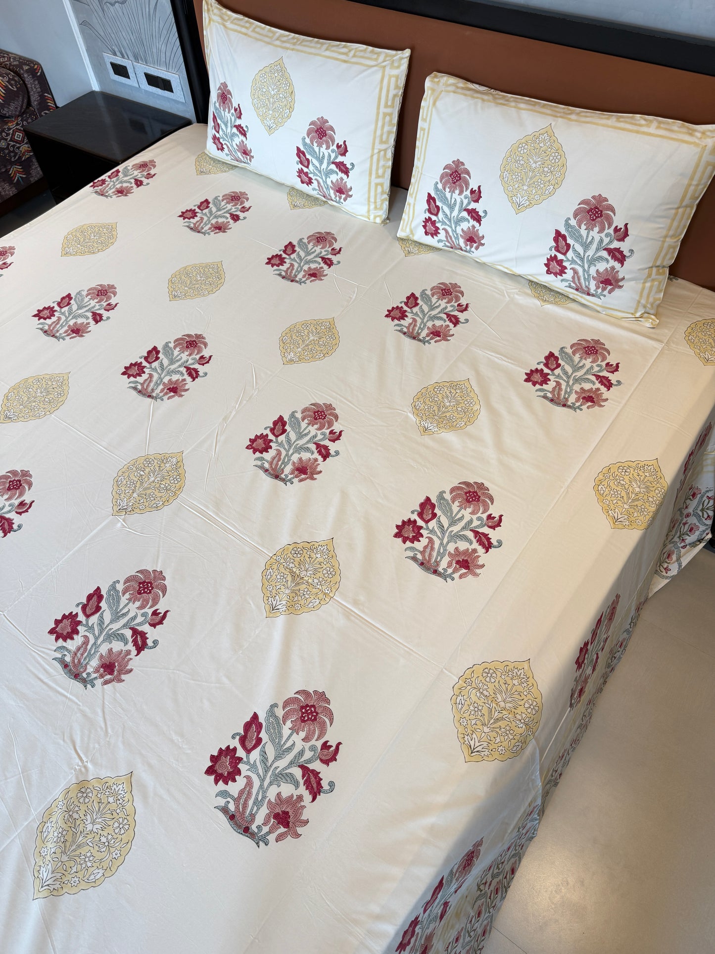 Crimson Blossom HandBlock King Size Bedsheet with 2 Pillow Covers (108”*108”)