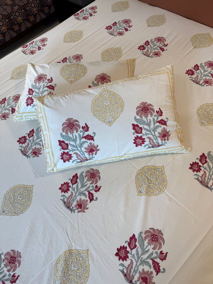 Crimson Blossom HandBlock King Size Bedsheet with 2 Pillow Covers (108”*108”)