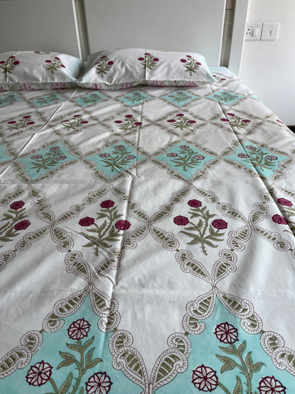 Enchanted Florals HandBlock King Size Bedsheet Set with 2 Pillow Covers (108”*108”)