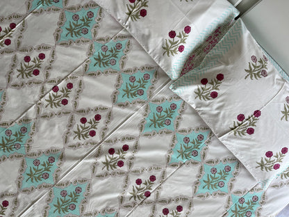 Enchanted Florals HandBlock King Size Bedsheet Set with 2 Pillow Covers (108”*108”)