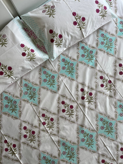 Enchanted Florals HandBlock King Size Bedsheet Set with 2 Pillow Covers (108”*108”)