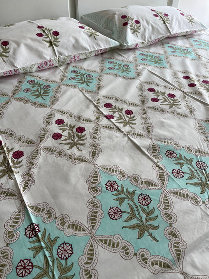 Enchanted Florals HandBlock King Size Bedsheet Set with 2 Pillow Covers (108”*108”)