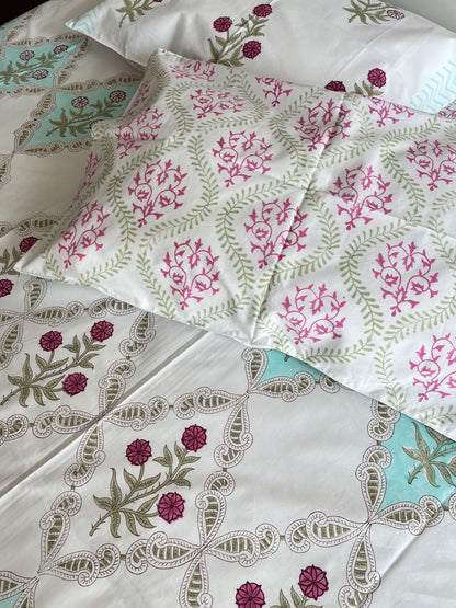 Enchanted Florals HandBlock King Size Bedsheet Set with 2 Pillow Covers (108”*108”)