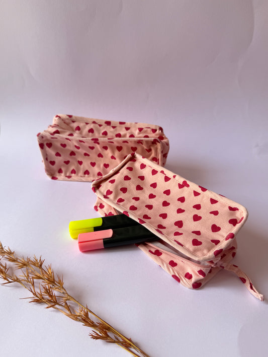 Pink Heart Cotton Canvas Box Pouch – Compact Storage with a Sharp Edge