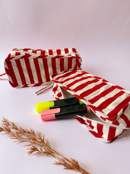 Red Stripes Cotton Canvas Box Pouch – Compact Storage with a Sharp Edge