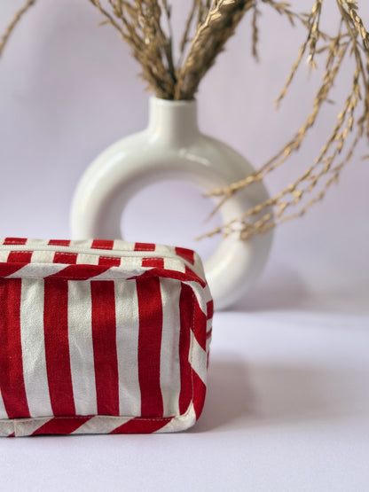 Red Stripes Cotton Canvas Box Pouch – Compact Storage with a Sharp Edge