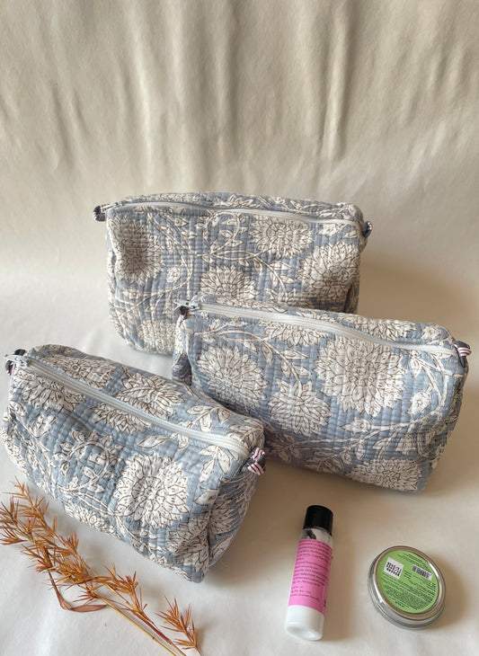 Grey Floral Cotton Quilted Pouches (set of 3)