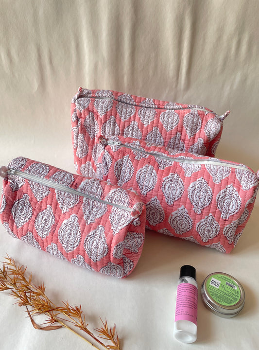 Peach Paisely Cotton Quilted Pouches (set of 3)