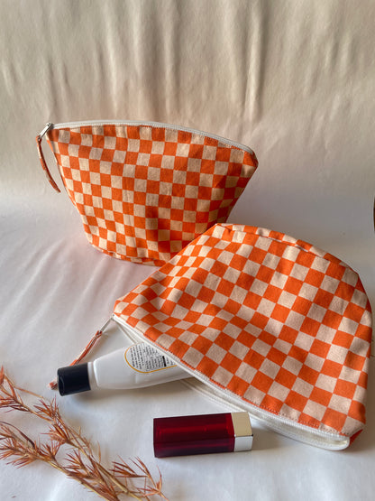 Orange Checkered Cotton Canvas Big Pouch