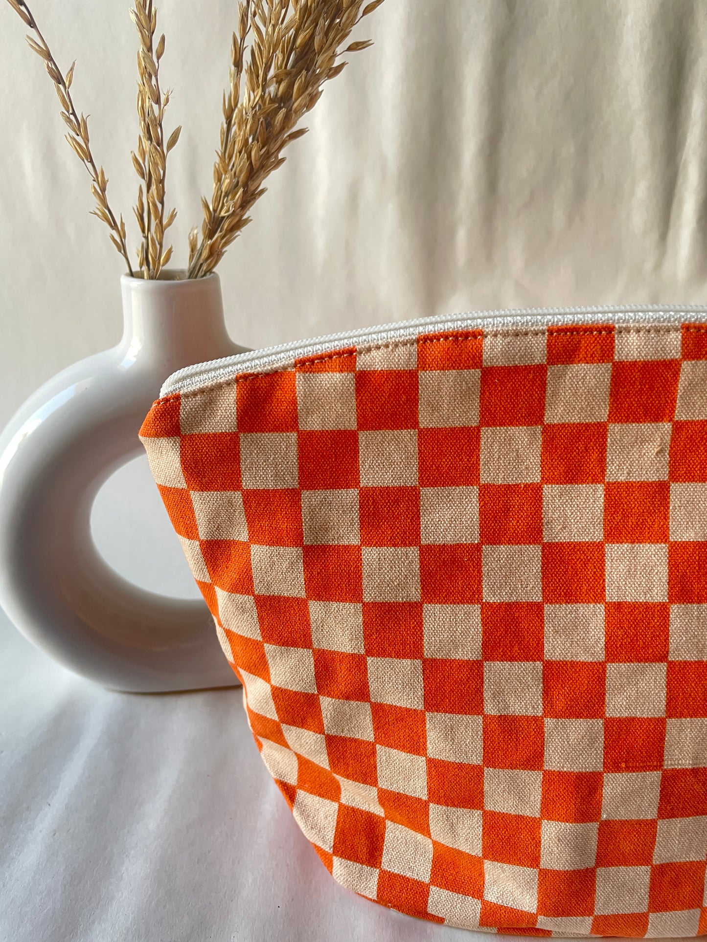 Orange Checkered Cotton Canvas Big Pouch