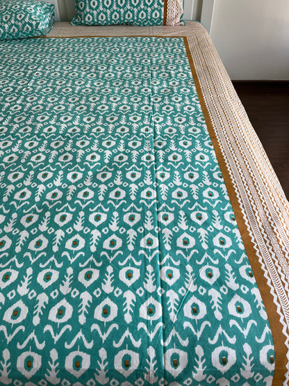 Geometric Sea Green Cotton Queen Size Bedsheet with 2 Pillow Covers (90”*108”)