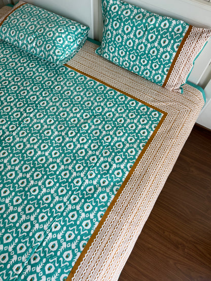 Geometric Sea Green Cotton Queen Size Bedsheet with 2 Pillow Covers (90”*108”)