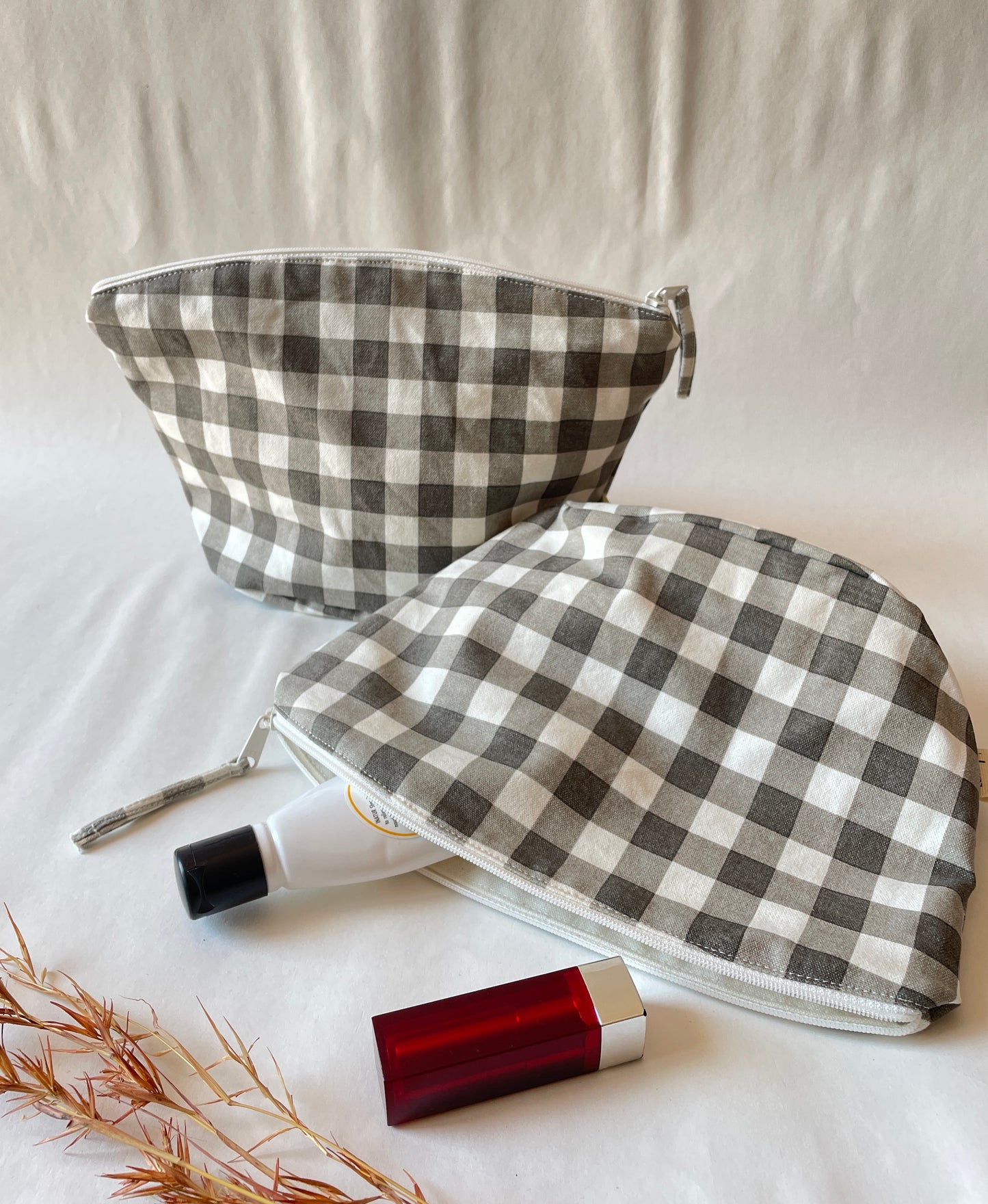 Grey Checkered Cotton Canvas Big Pouch