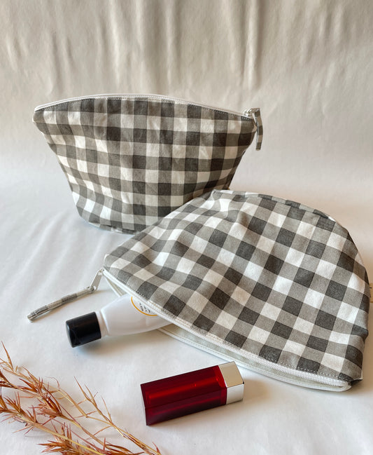 Grey Checkered Cotton Canvas Big Pouch