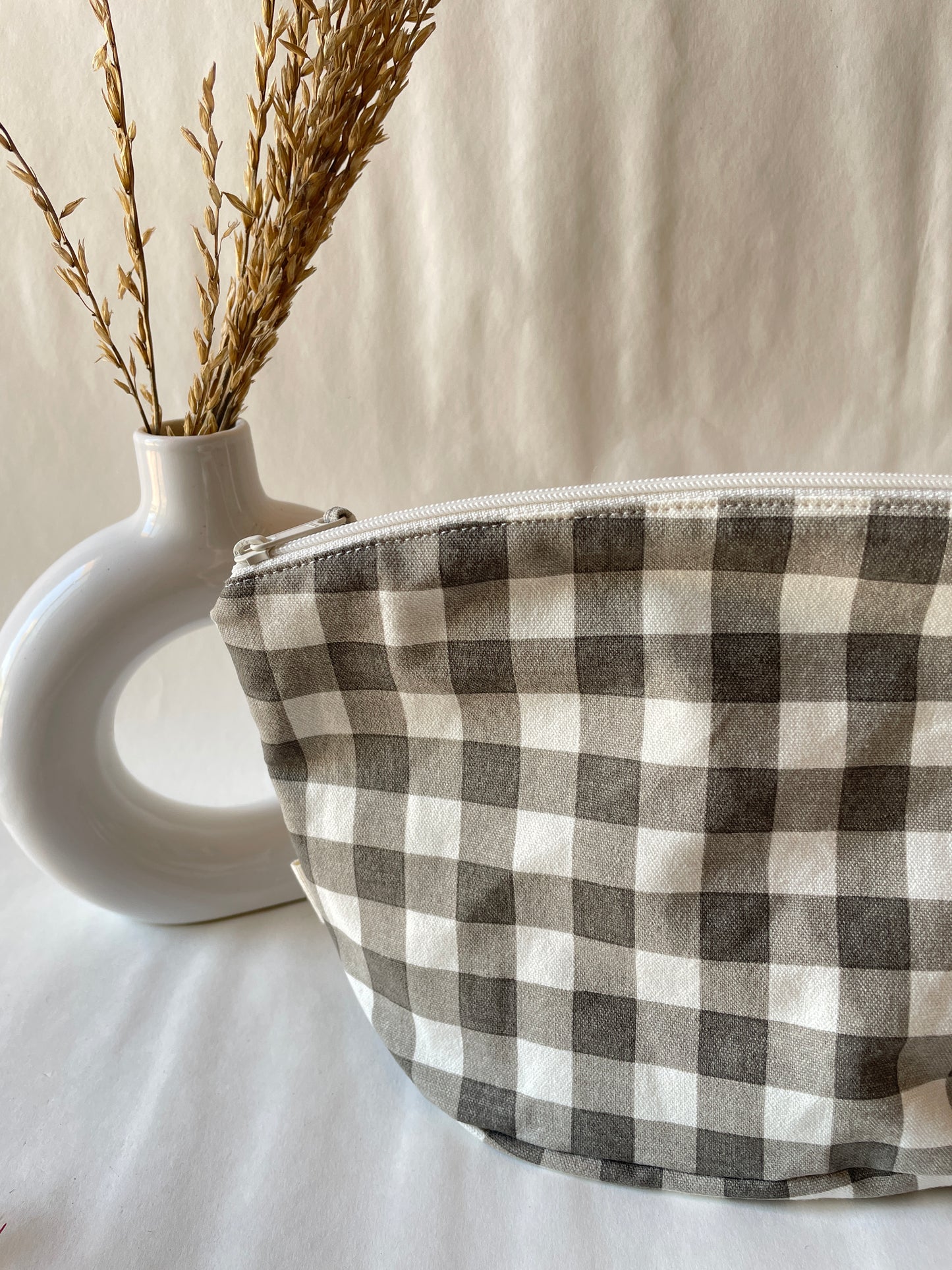 Grey Checkered Cotton Canvas Big Pouch